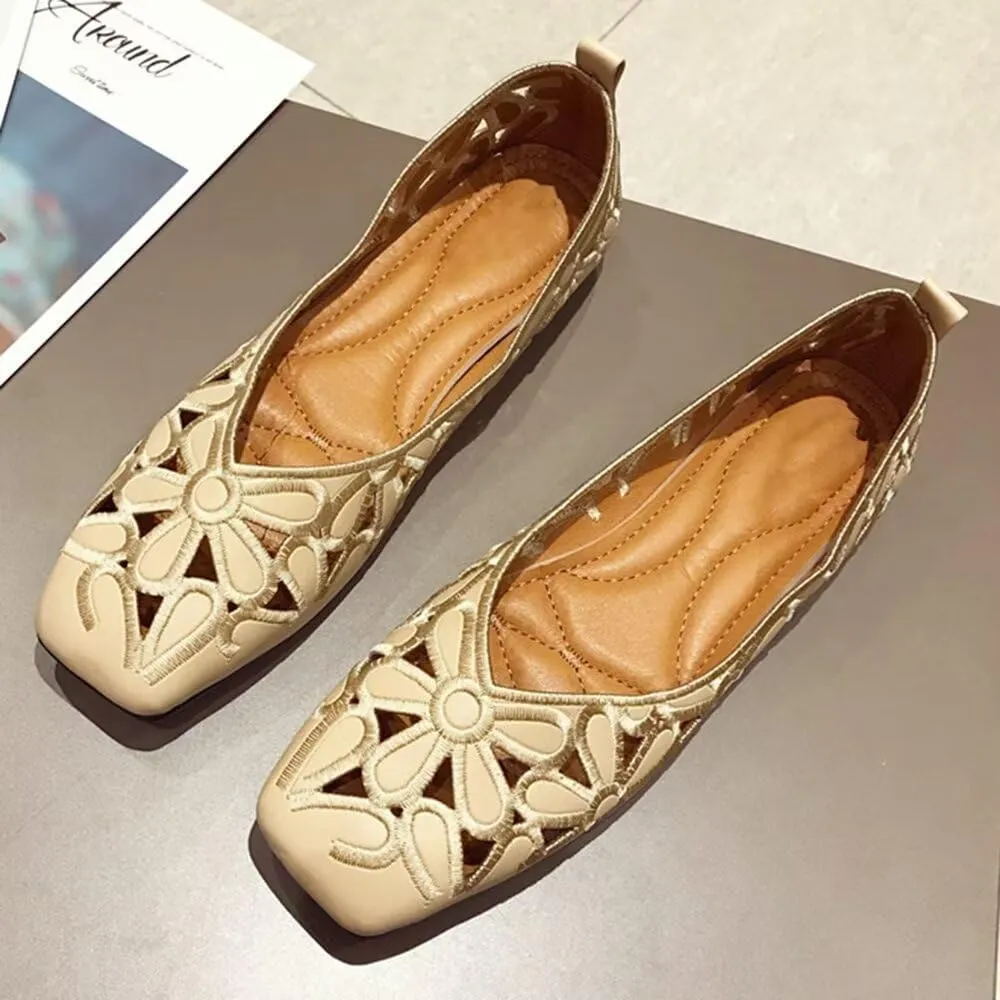 WENJIAZHIZHI Women's Floral Ballet Flats Comfortable Dress Shoes Square Toe Slip on Flat Shoes with Breathable Eyelets