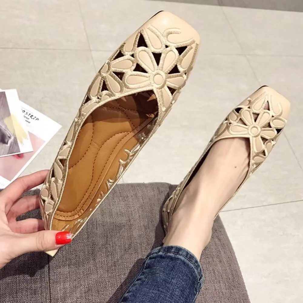 WENJIAZHIZHI Women's Floral Ballet Flats Comfortable Dress Shoes Square Toe Slip on Flat Shoes with Breathable Eyelets