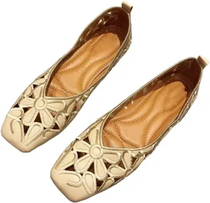 WENJIAZHIZHI Women's Floral Ballet Flats Comfortable Dress Shoes Square Toe Slip on Flat Shoes with Breathable Eyelets