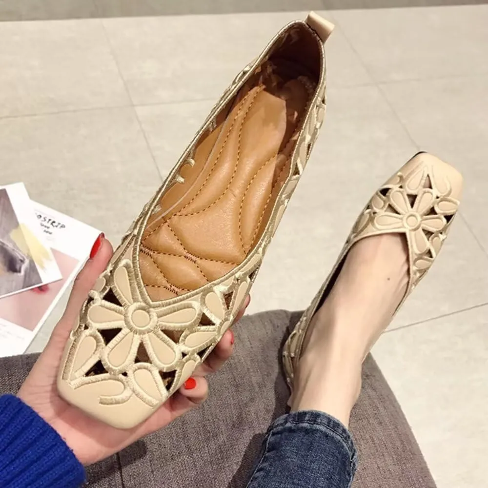 WENJIAZHIZHI Women's Floral Ballet Flats Comfortable Dress Shoes Square Toe Slip on Flat Shoes with Breathable Eyelets