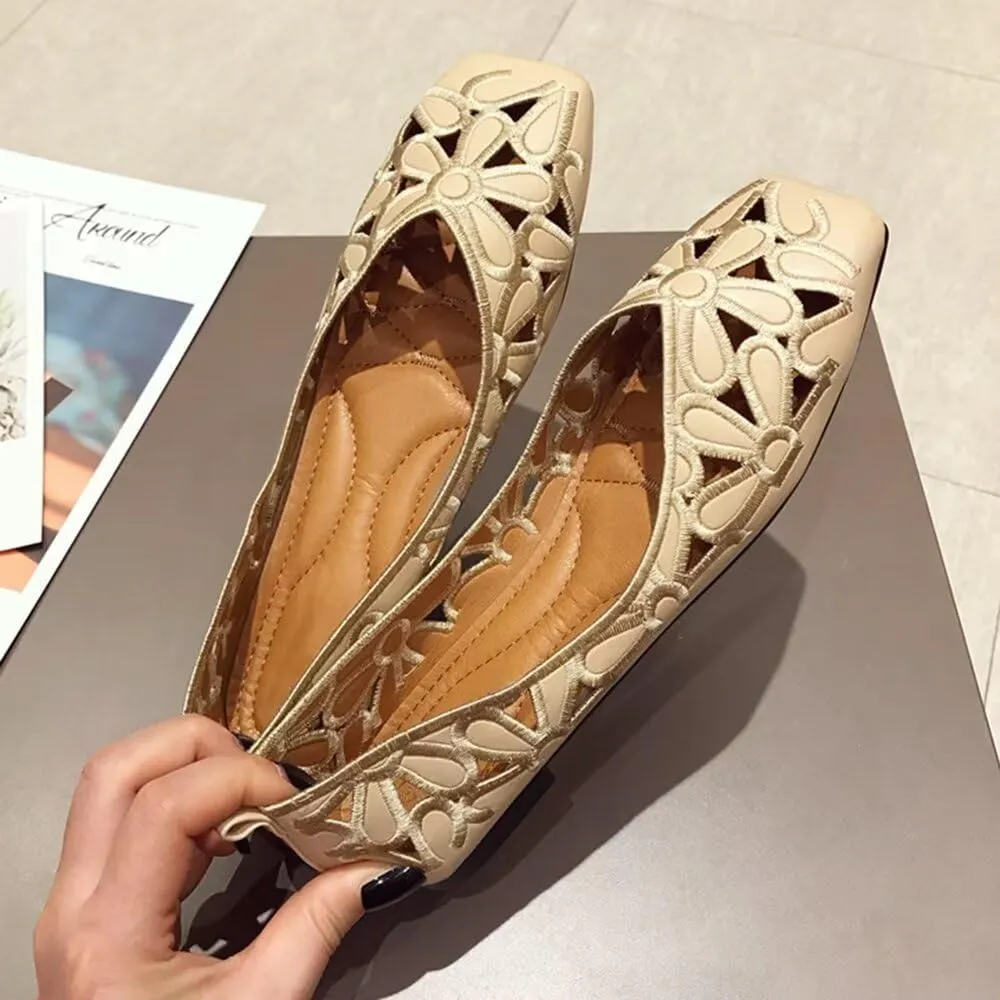 WENJIAZHIZHI Women's Floral Ballet Flats Comfortable Dress Shoes Square Toe Slip on Flat Shoes with Breathable Eyelets