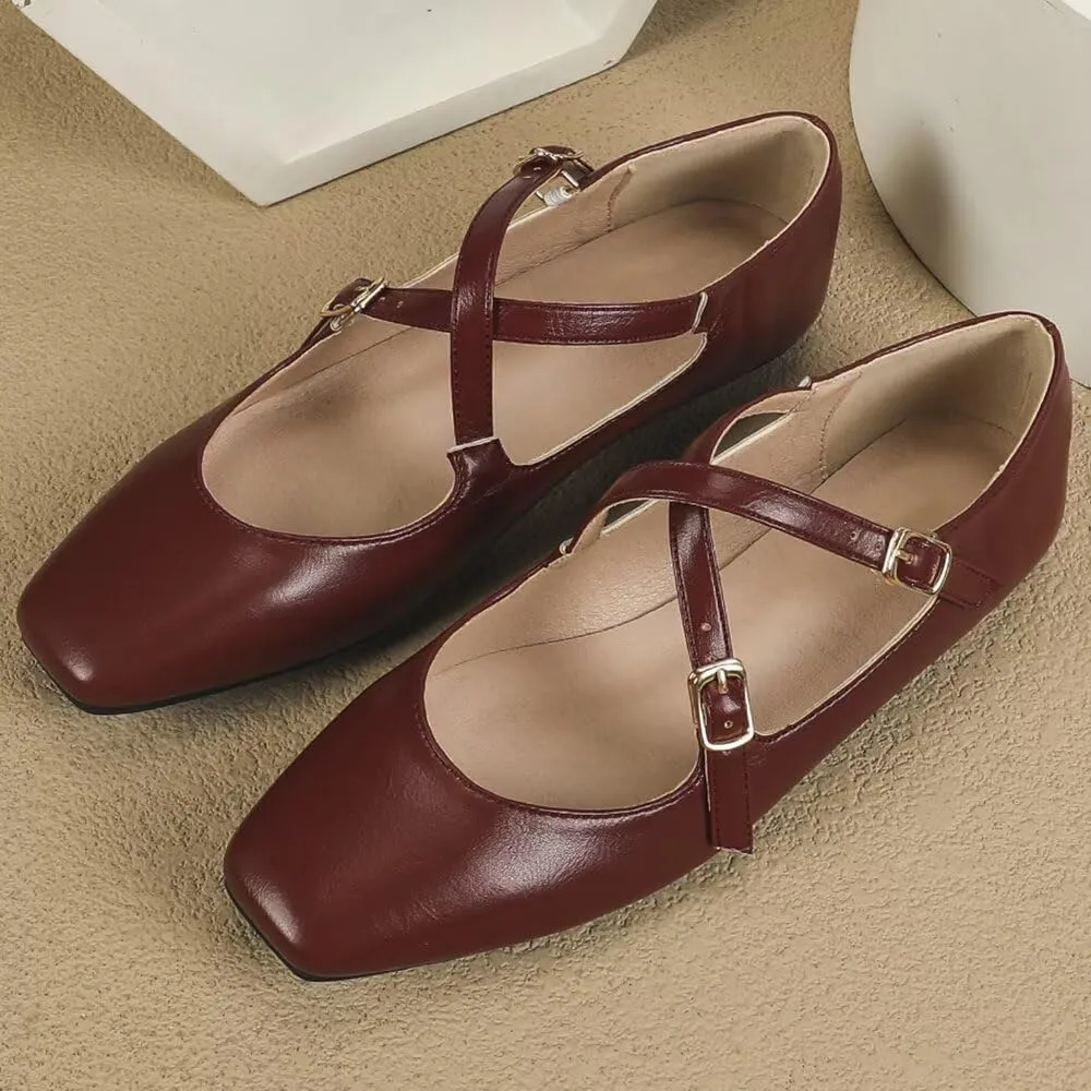 WENJIAZHIZHI Women's Mary Jane Flats Shoes Fashion Ankle Double Buckle Cross Strap Dressy Wedding Ballet Flat
