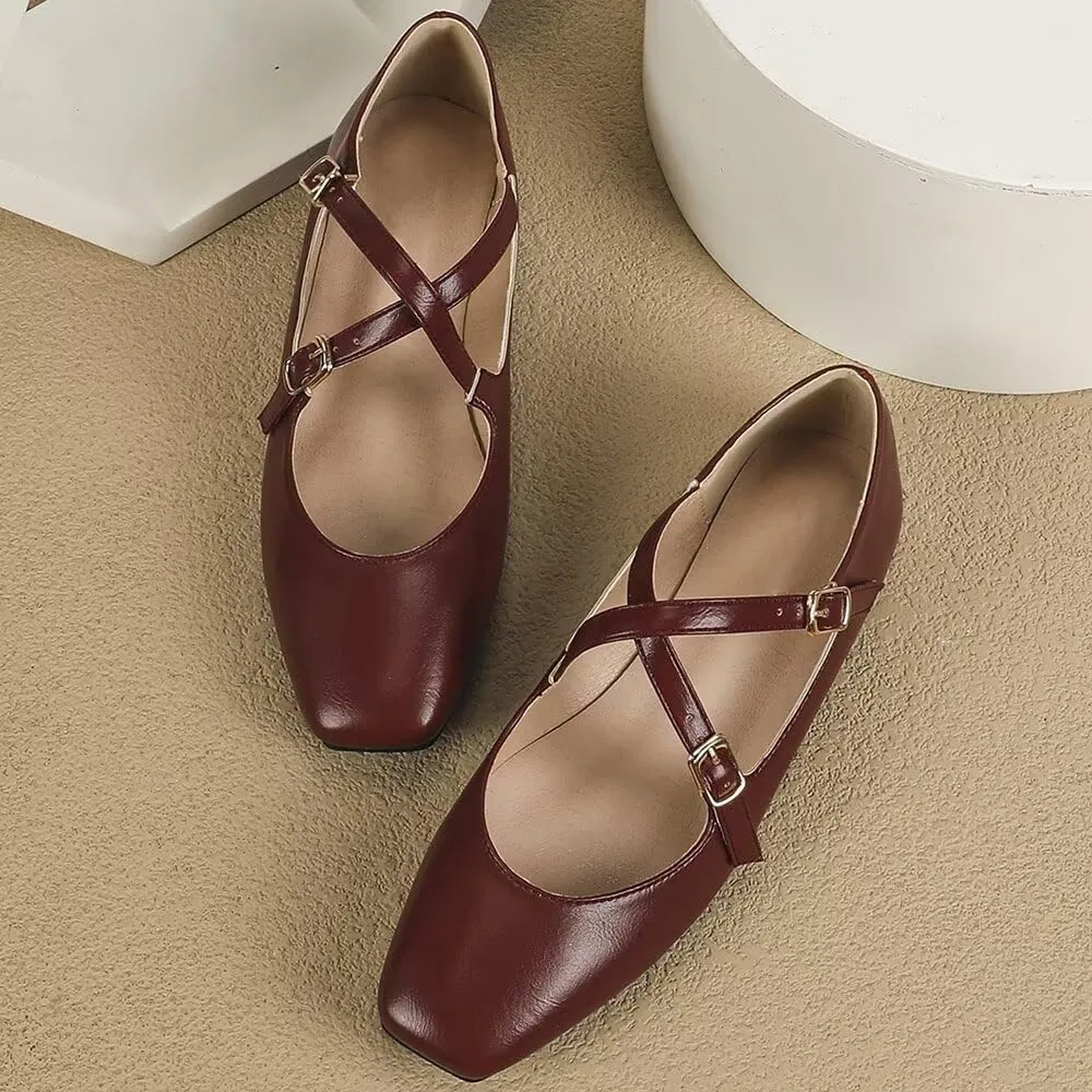 WENJIAZHIZHI Women's Mary Jane Flats Shoes Fashion Ankle Double Buckle Cross Strap Dressy Wedding Ballet Flat