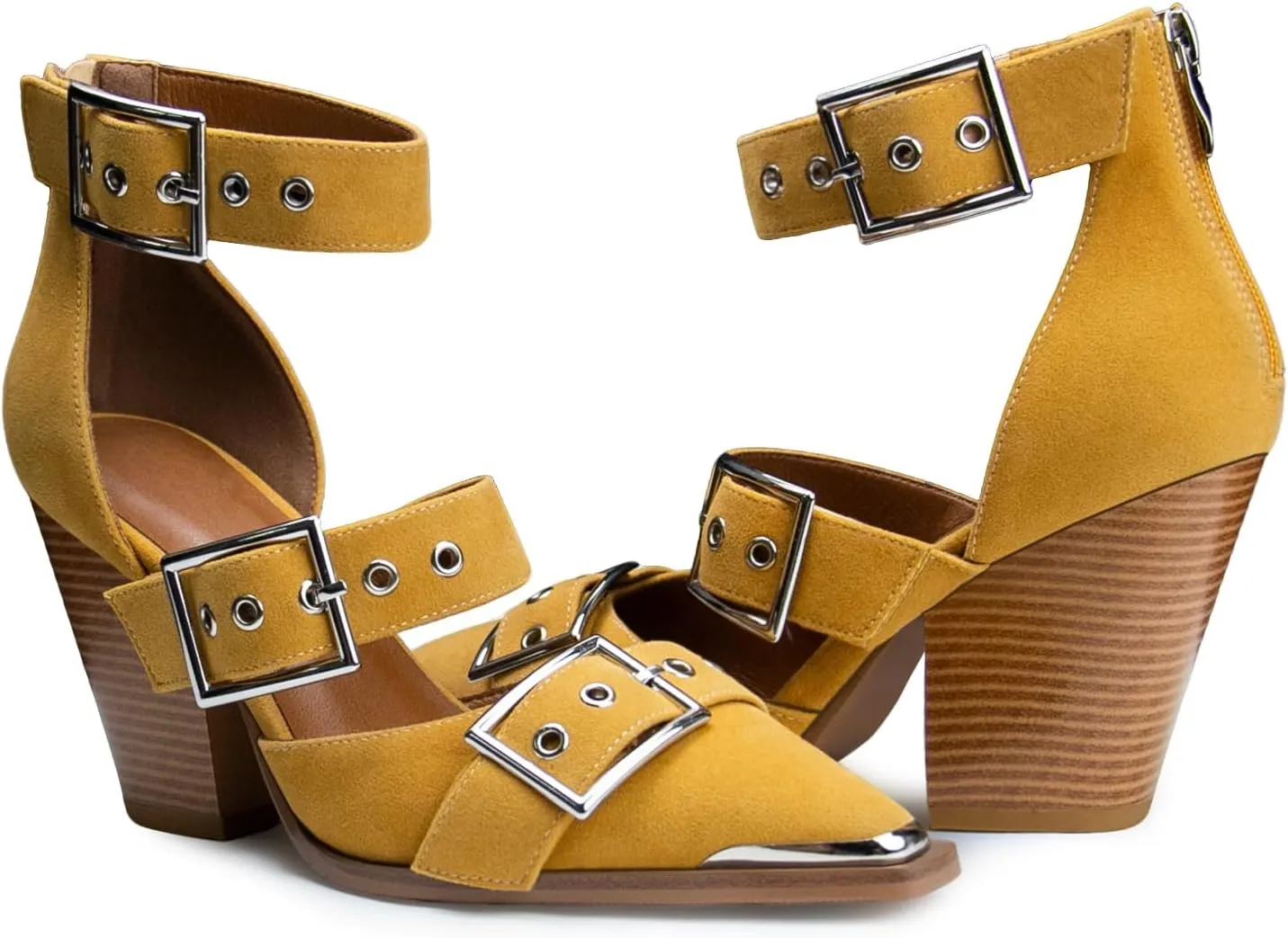 Western Sandals for Women Chunky Heel Pointed Toe Pumps Metal Buckle Strappy Western Comfortable Bridal Shoes