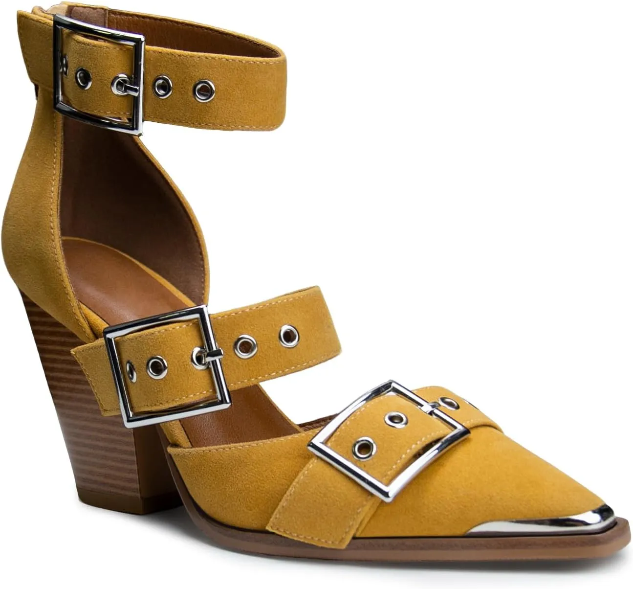 Western Sandals for Women Chunky Heel Pointed Toe Pumps Metal Buckle Strappy Western Comfortable Bridal Shoes