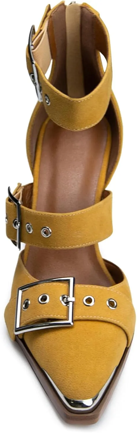 Western Sandals for Women Chunky Heel Pointed Toe Pumps Metal Buckle Strappy Western Comfortable Bridal Shoes
