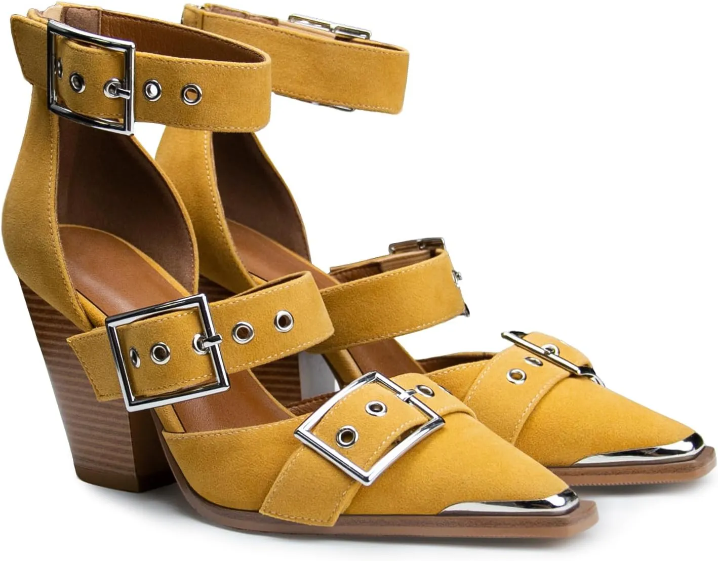 Western Sandals for Women Chunky Heel Pointed Toe Pumps Metal Buckle Strappy Western Comfortable Bridal Shoes