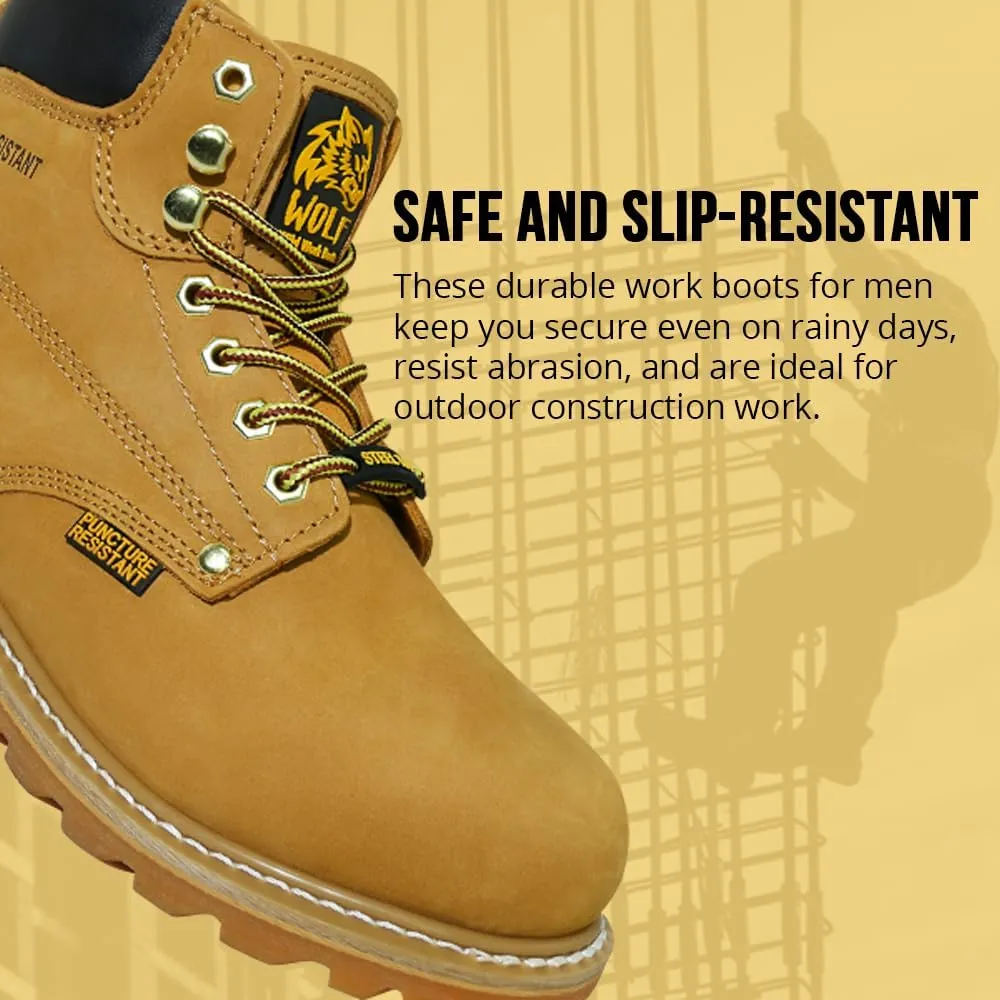 Wolf Work Boot | 100% Genuine Upper Leather | Oil, Heat, Chemical, Impact, Abrasion Resistant | Electrical Hazards | Non-Slip Rubber Sole | Steel Toe | Padded Collar | Construction | Industrial PPE
