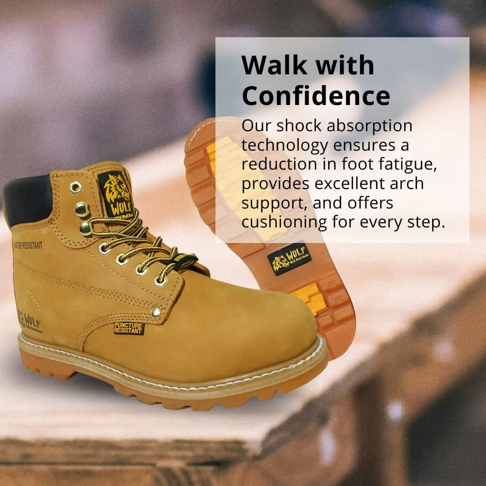 Wolf Work Boot | 100% Genuine Upper Leather | Oil, Heat, Chemical, Impact, Abrasion Resistant | Electrical Hazards | Non-Slip Rubber Sole | Steel Toe | Padded Collar | Construction | Industrial PPE