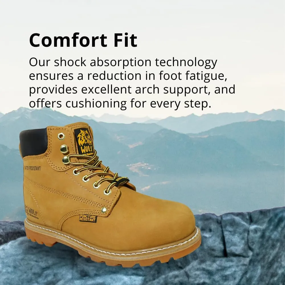 Wolf Work Boot | 100% Genuine Upper Leather | Oil, Heat, Chemical, Impact, Abrasion Resistant | Electrical Hazards | Non-Slip Rubber Sole | Steel Toe | Padded Collar | Construction | Industrial PPE