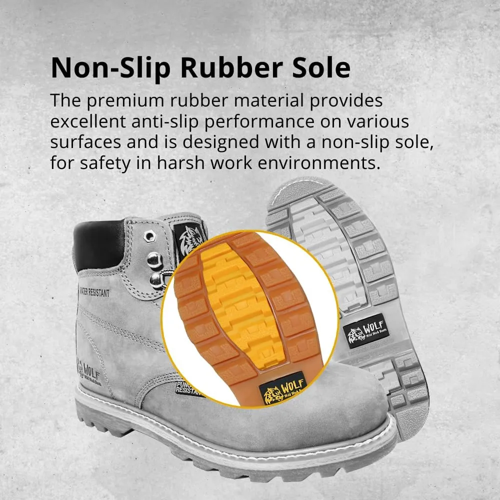 Wolf Work Boot | 100% Genuine Upper Leather | Oil, Heat, Chemical, Impact, Abrasion Resistant | Electrical Hazards | Non-Slip Rubber Sole | Steel Toe | Padded Collar | Construction | Industrial PPE