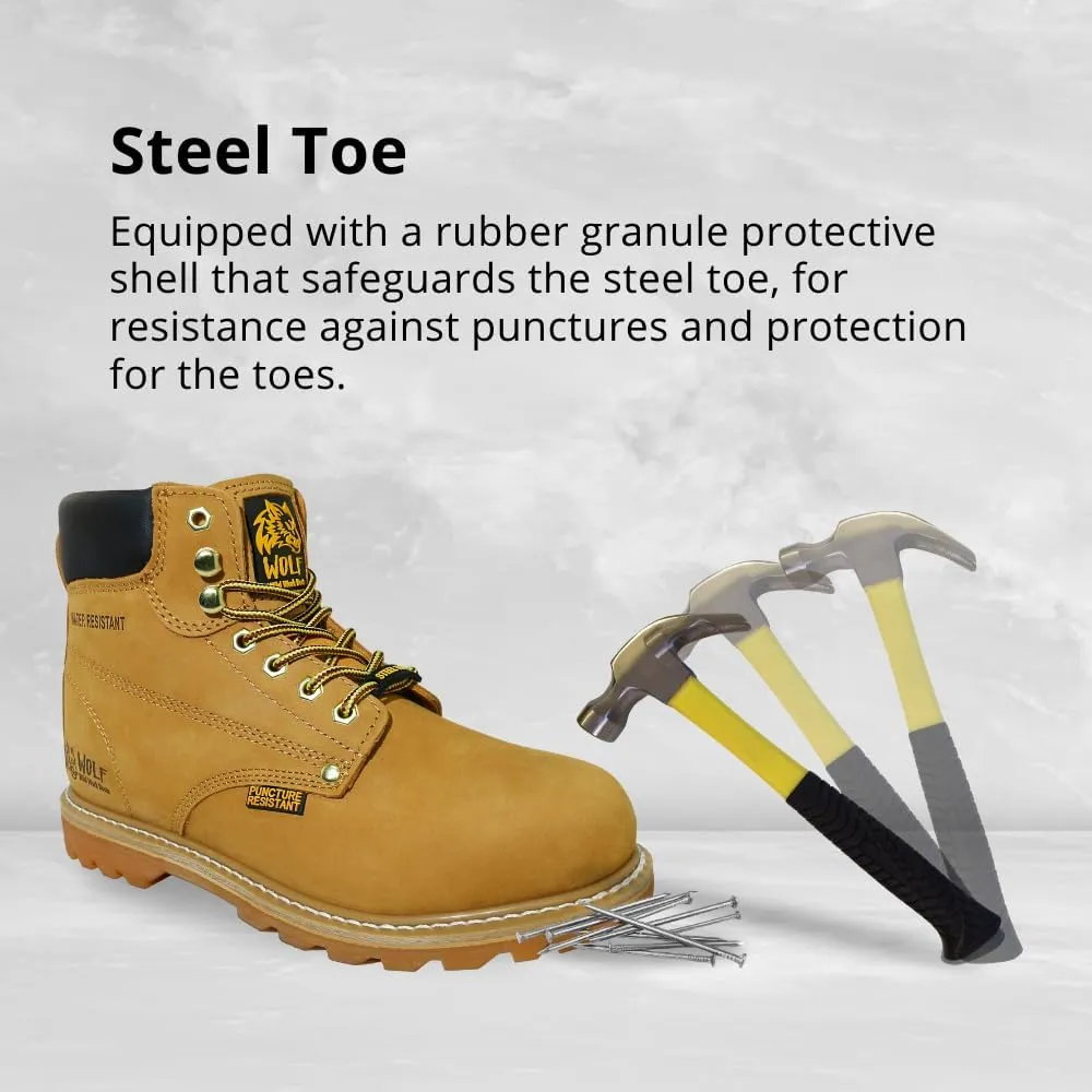 Wolf Work Boot | 100% Genuine Upper Leather | Oil, Heat, Chemical, Impact, Abrasion Resistant | Electrical Hazards | Non-Slip Rubber Sole | Steel Toe | Padded Collar | Construction | Industrial PPE