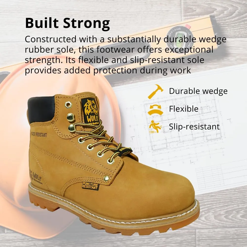 Wolf Work Boot | 100% Genuine Upper Leather | Oil, Heat, Chemical, Impact, Abrasion Resistant | Electrical Hazards | Non-Slip Rubber Sole | Steel Toe | Padded Collar | Construction | Industrial PPE