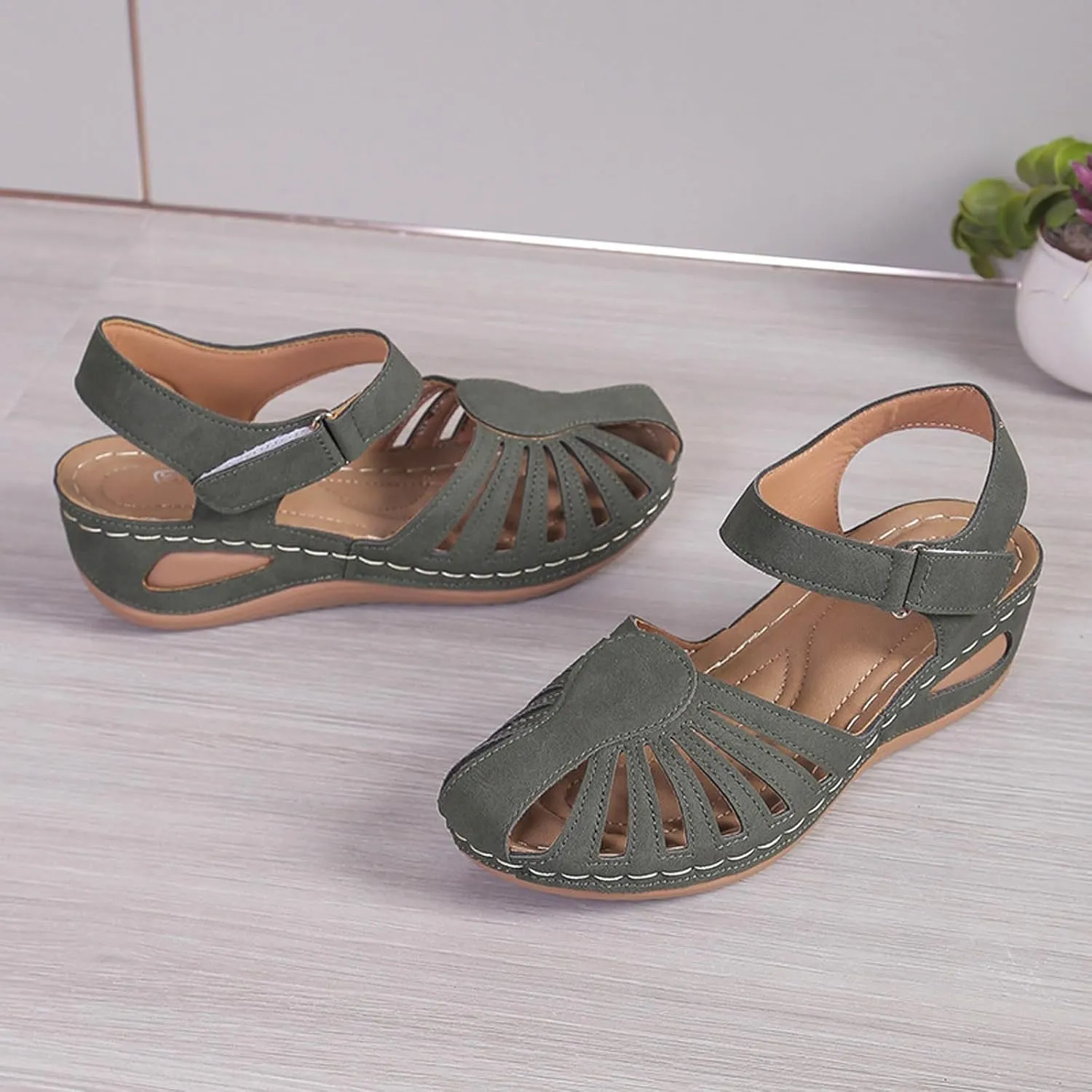 Women Close Toe Walking Sandals Dress Summer Wedges Heels for Women Ankle Strap Orthopedic Sandals Hollow Beach Shoes