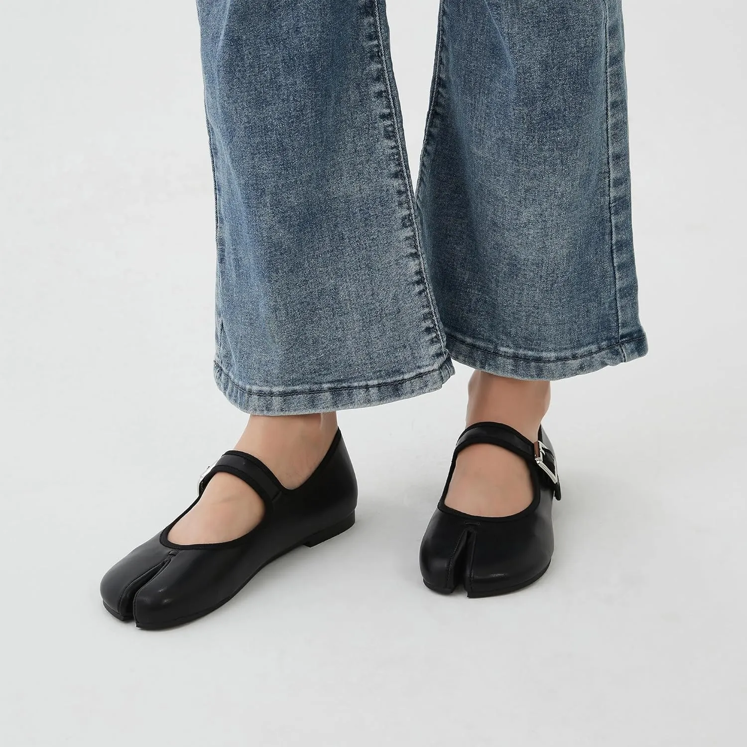 Women Fashion Buckle Strap Casual Flats Ballerina Ninja Cozy Dress Shoes Mary Jane Moccasins Ballet Faux Leather Split Toe Shoes