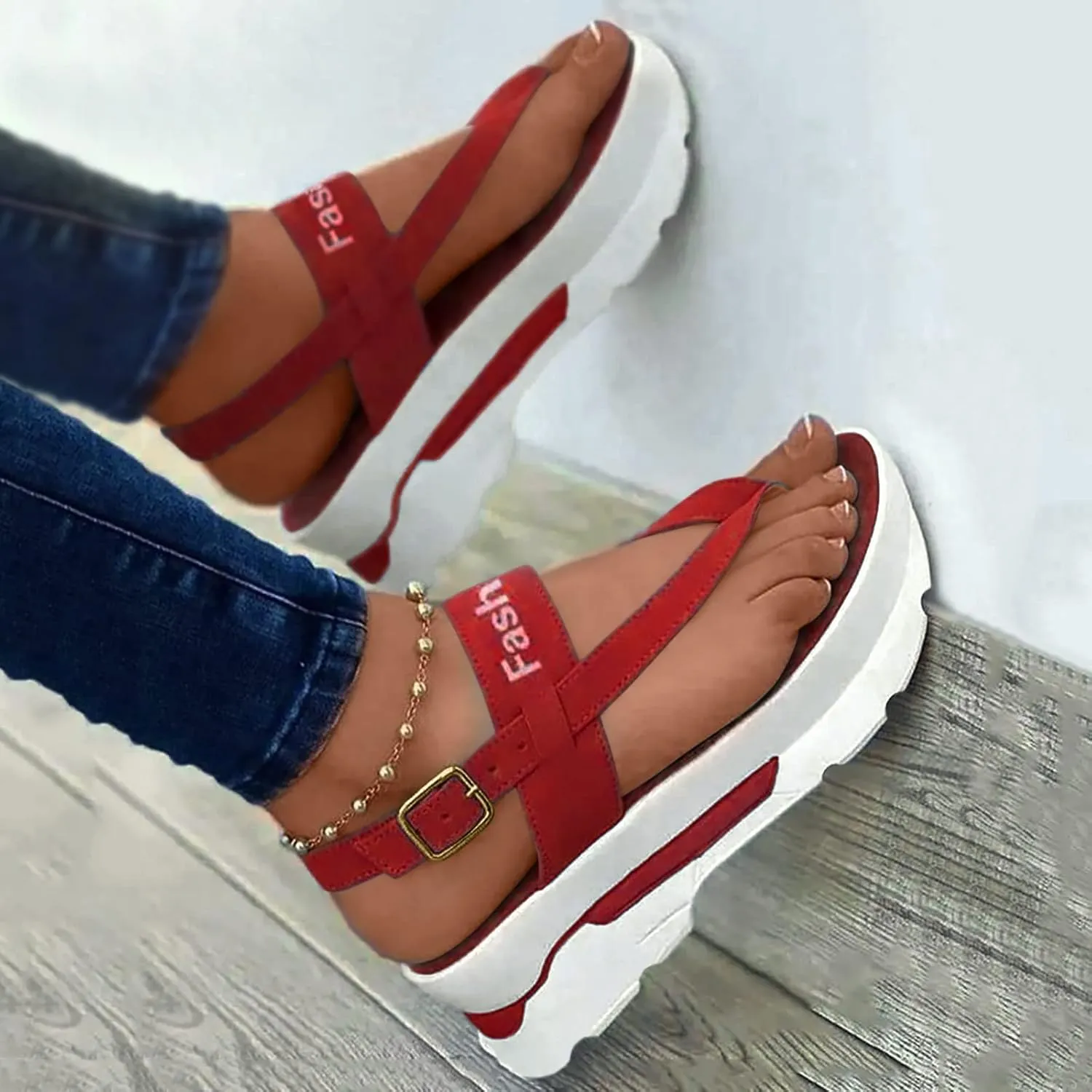 Women Platform Sandal Adjustable Buckle Ankle Strap Clip Toe Sandal Summer Open Toe Non Slip Flip Flops For Beach