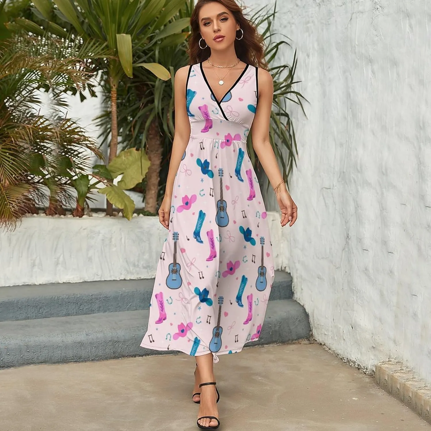 Women Summer Casual Sleeveless V Neck Cowboy Boots Guitar Sundress Maxi Long Beach Dress