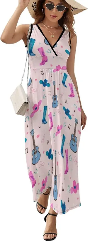 Women Summer Casual Sleeveless V Neck Cowboy Boots Guitar Sundress Maxi Long Beach Dress