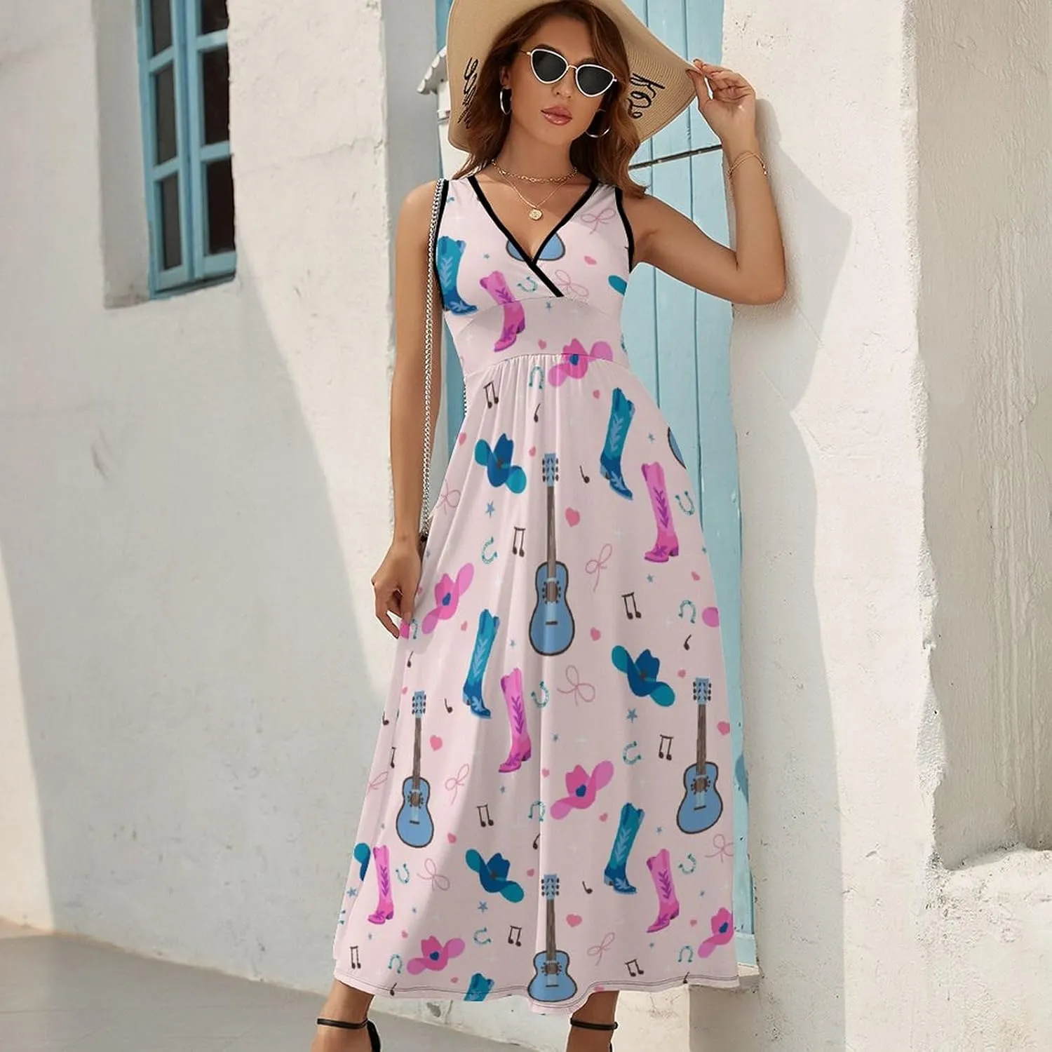 Women Summer Casual Sleeveless V Neck Cowboy Boots Guitar Sundress Maxi Long Beach Dress