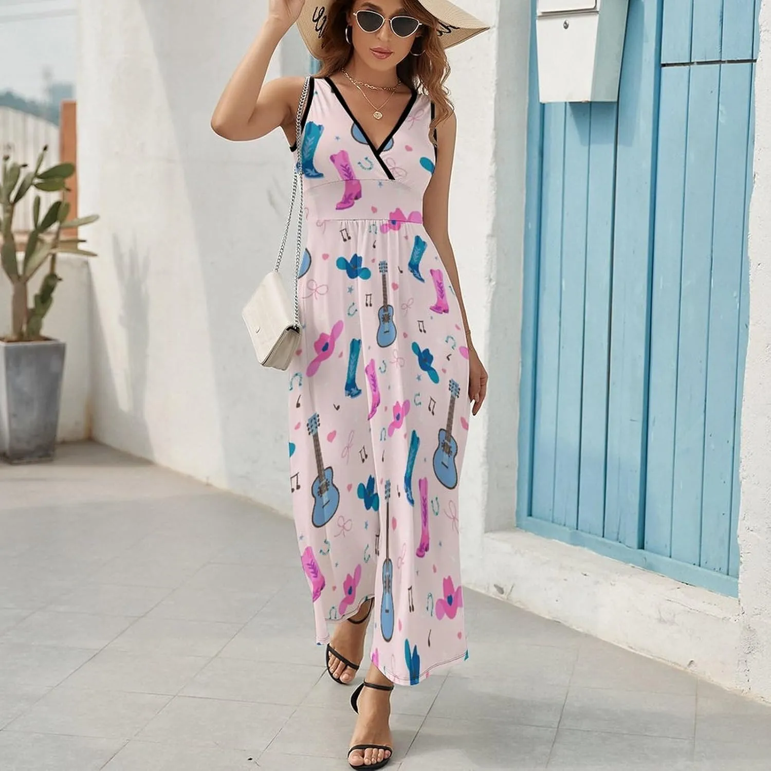 Women Summer Casual Sleeveless V Neck Cowboy Boots Guitar Sundress Maxi Long Beach Dress