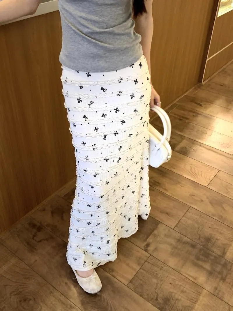 Women Summer Lace Floral Skirt Casual Cute and Gentle Wind High-Waisted Bow Bag Hip Fishtail A Word Long Skirt