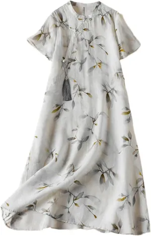 Women Summer Print Dress Midi Vintage Lapel A-Line Casual Chinese Style Dress