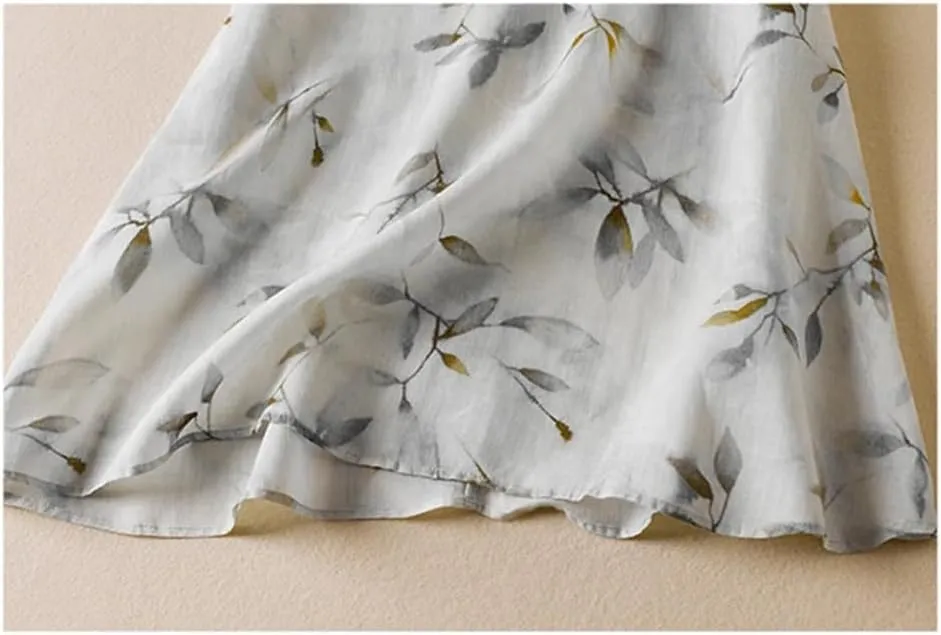 Women Summer Print Dress Midi Vintage Lapel A-Line Casual Chinese Style Dress