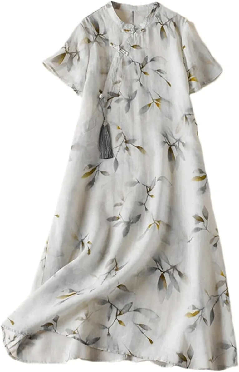 Women Summer Print Dress Midi Vintage Lapel A-Line Casual Chinese Style Dress