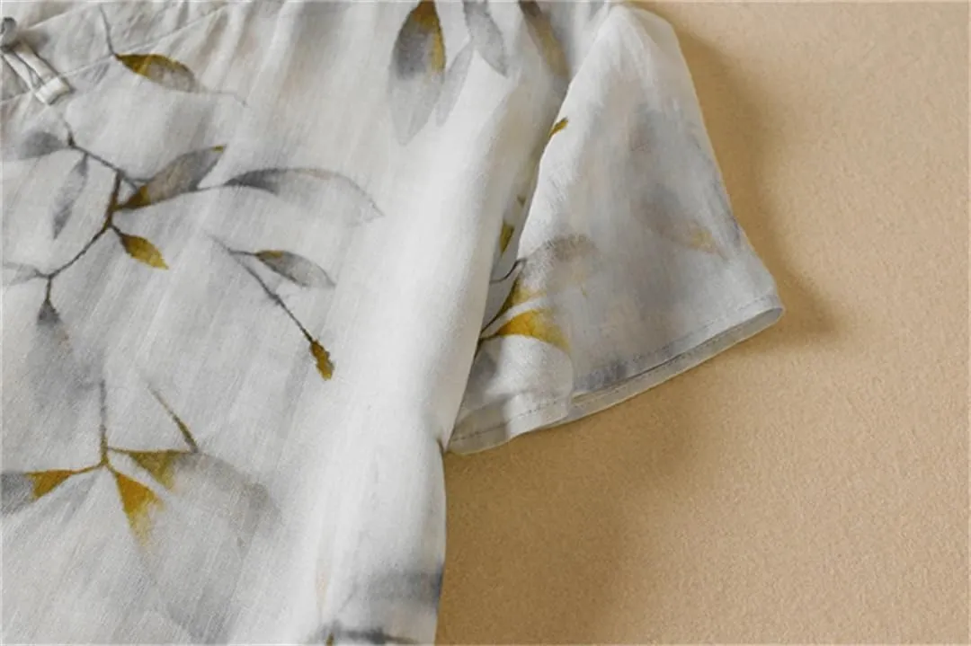 Women Summer Print Dress Midi Vintage Lapel A-Line Casual Chinese Style Dress