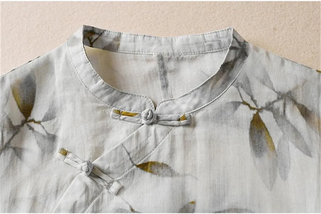 Women Summer Print Dress Midi Vintage Lapel A-Line Casual Chinese Style Dress