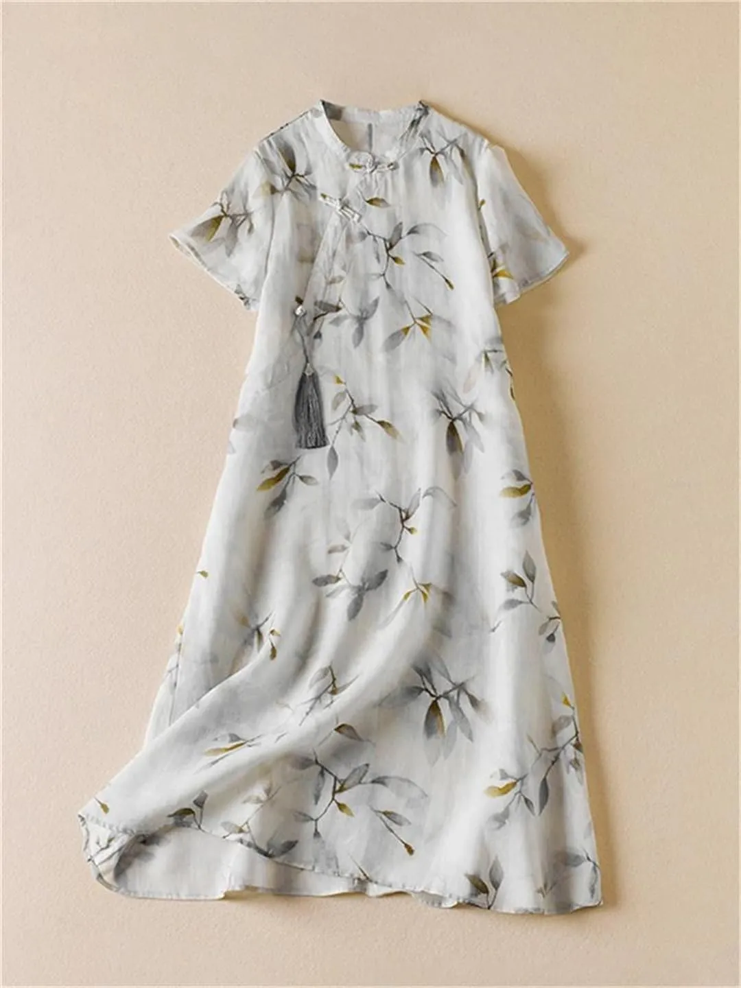 Women Summer Print Dress Midi Vintage Lapel A-Line Casual Chinese Style Dress
