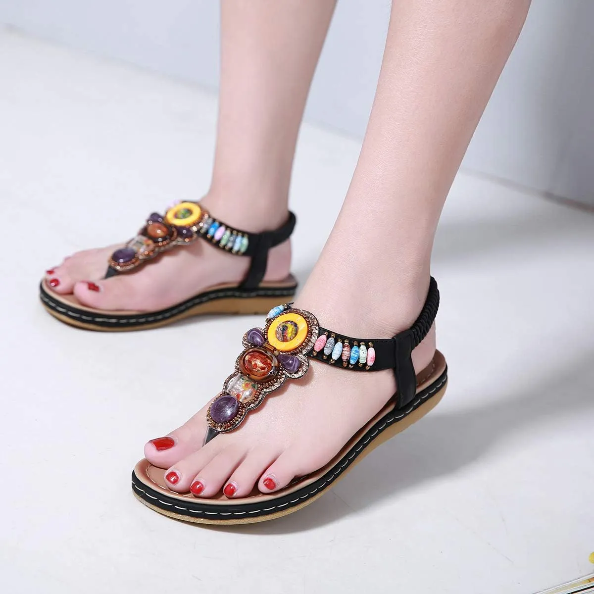 Women T-Strap Beaded Flower Gladiator Flat Dress Sandals Beach Shoes Bohemian Thong Sandal Elastic Back Strap Clip Toe Flats Sandals Summer Bohemian Rhinestone Slingback Beach Flip Flops Shoes