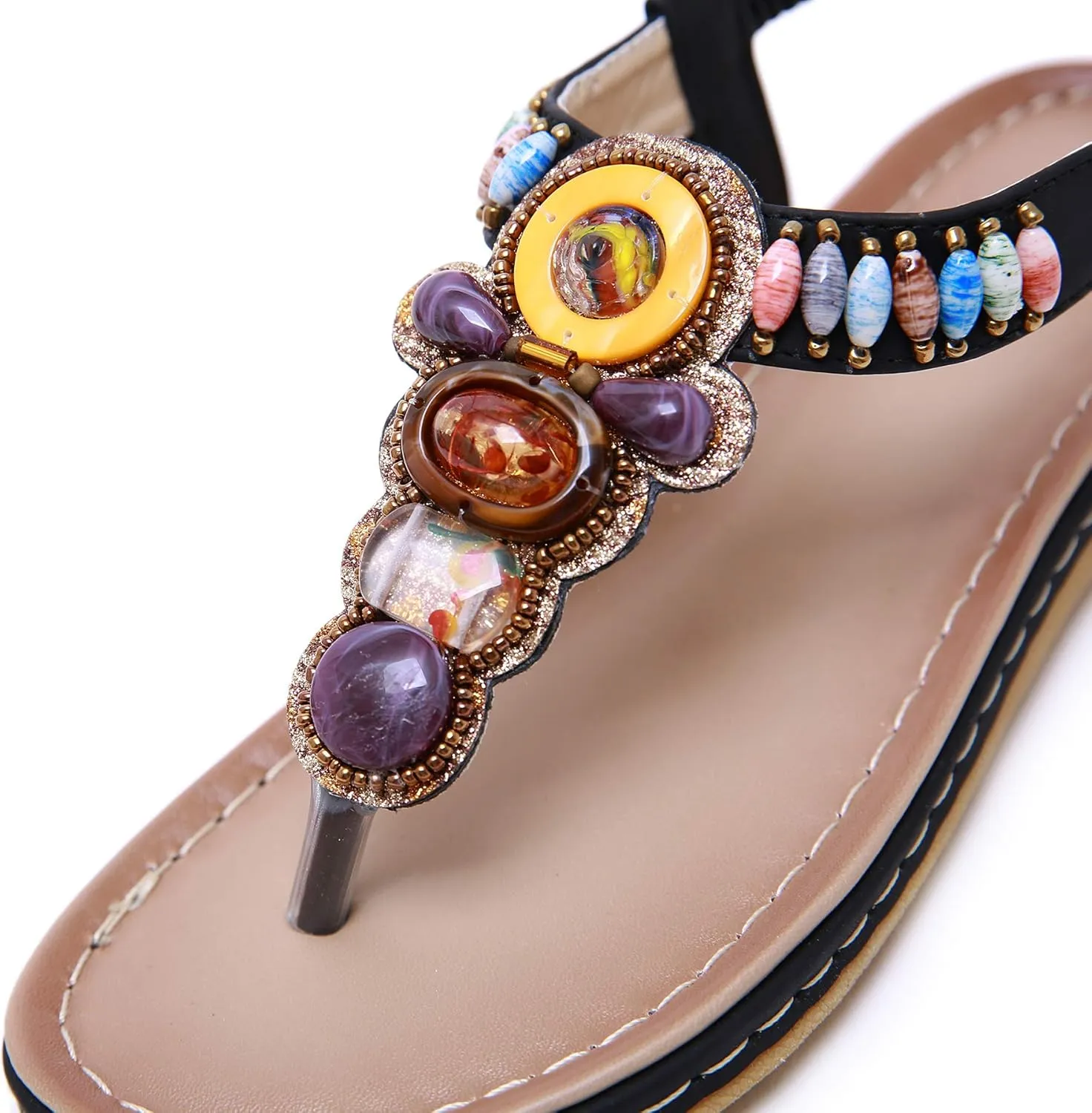 Women T-Strap Beaded Flower Gladiator Flat Dress Sandals Beach Shoes Bohemian Thong Sandal Elastic Back Strap Clip Toe Flats Sandals Summer Bohemian Rhinestone Slingback Beach Flip Flops Shoes