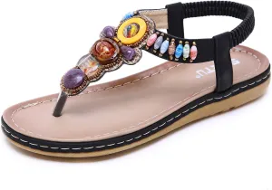 Women T-Strap Beaded Flower Gladiator Flat Dress Sandals Beach Shoes Bohemian Thong Sandal Elastic Back Strap Clip Toe Flats Sandals Summer Bohemian Rhinestone Slingback Beach Flip Flops Shoes