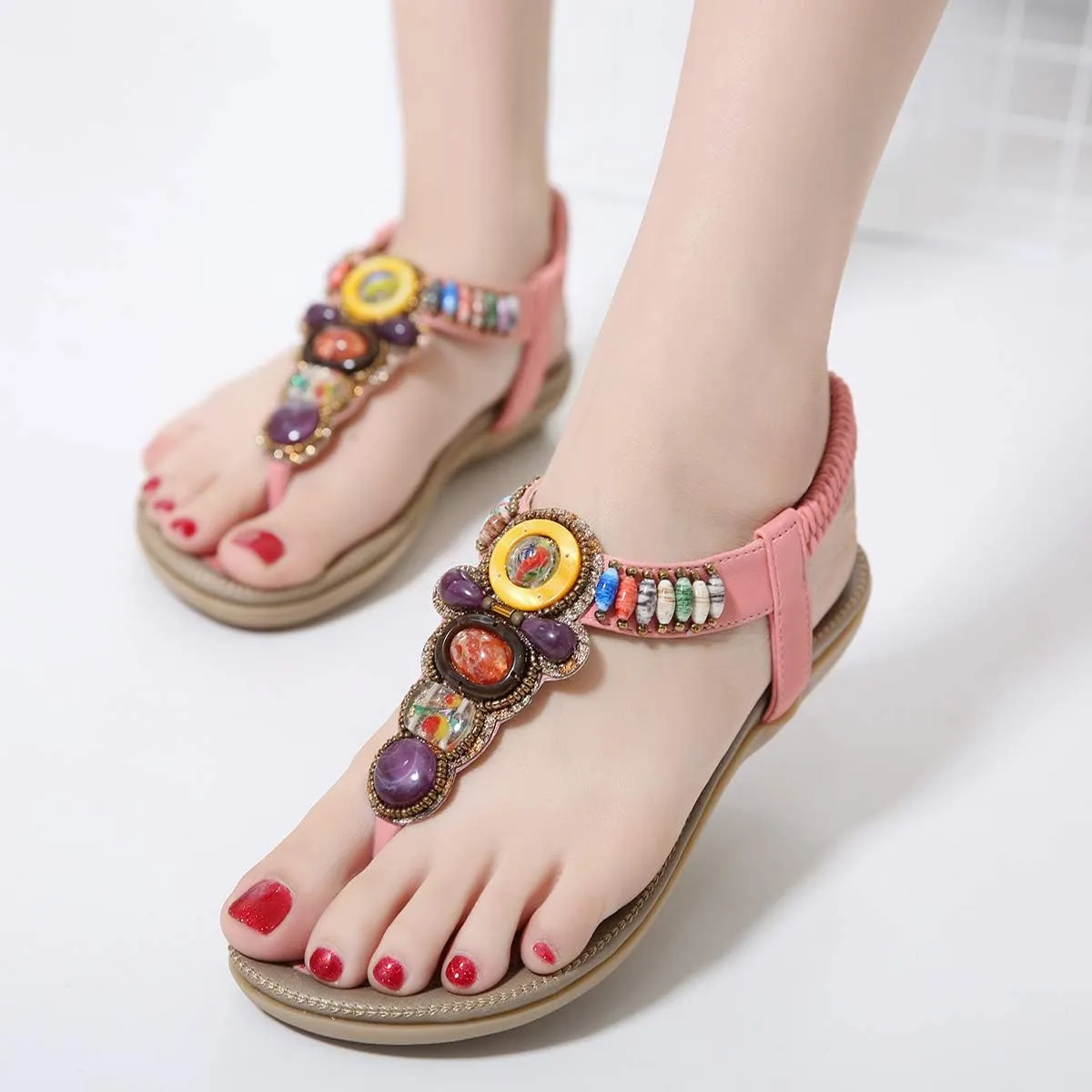 Women T-Strap Beaded Flower Gladiator Flat Dress Sandals Beach Shoes Bohemian Thong Sandal Elastic Back Strap Clip Toe Flats Sandals Summer Bohemian Rhinestone Slingback Beach Flip Flops Shoes