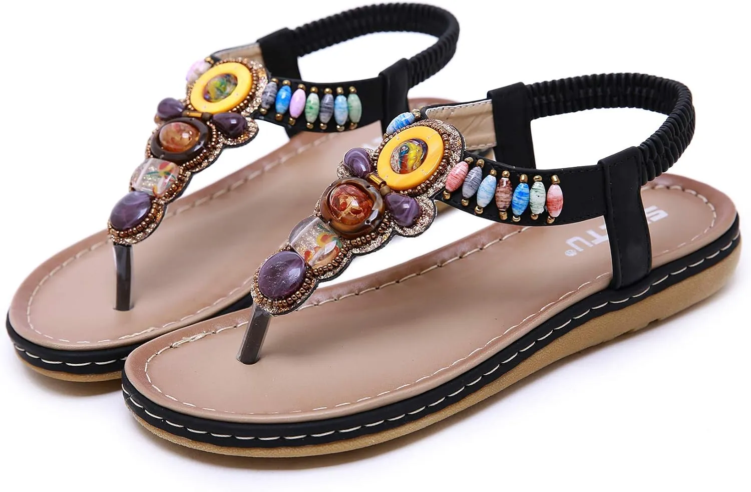Women T-Strap Beaded Flower Gladiator Flat Dress Sandals Beach Shoes Bohemian Thong Sandal Elastic Back Strap Clip Toe Flats Sandals Summer Bohemian Rhinestone Slingback Beach Flip Flops Shoes