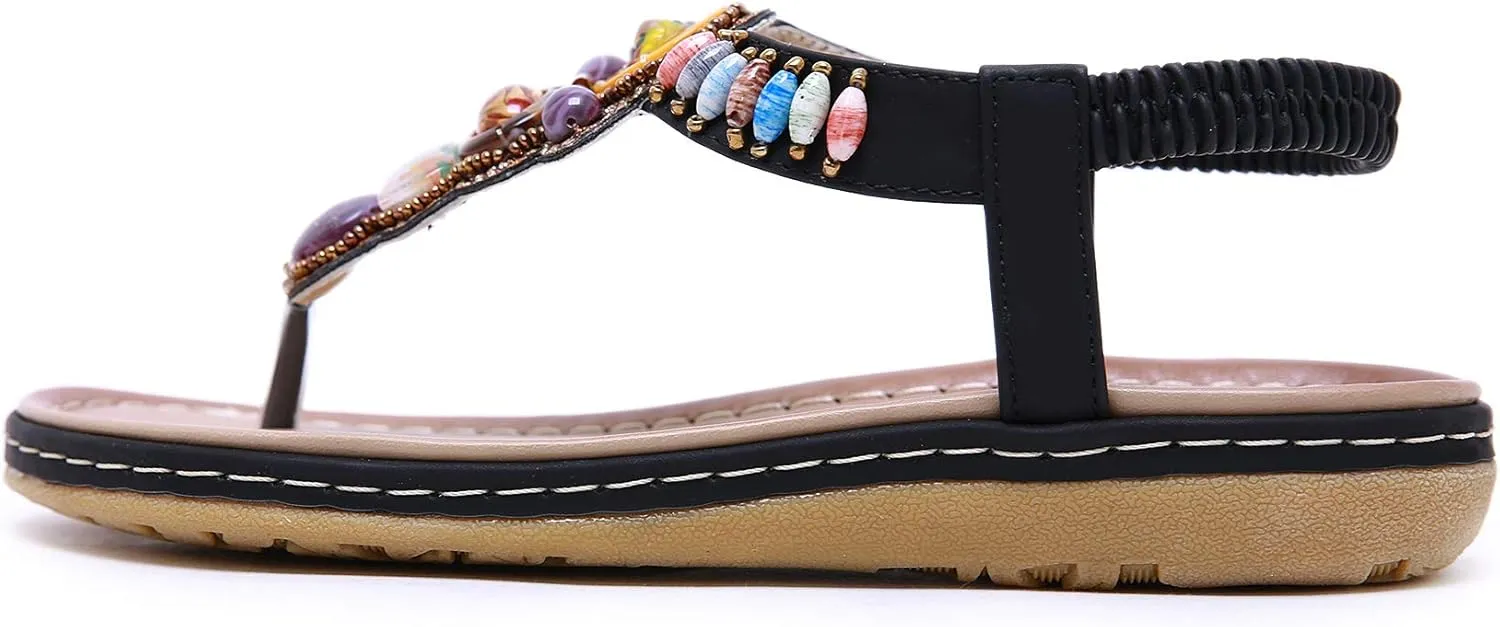 Women T-Strap Beaded Flower Gladiator Flat Dress Sandals Beach Shoes Bohemian Thong Sandal Elastic Back Strap Clip Toe Flats Sandals Summer Bohemian Rhinestone Slingback Beach Flip Flops Shoes