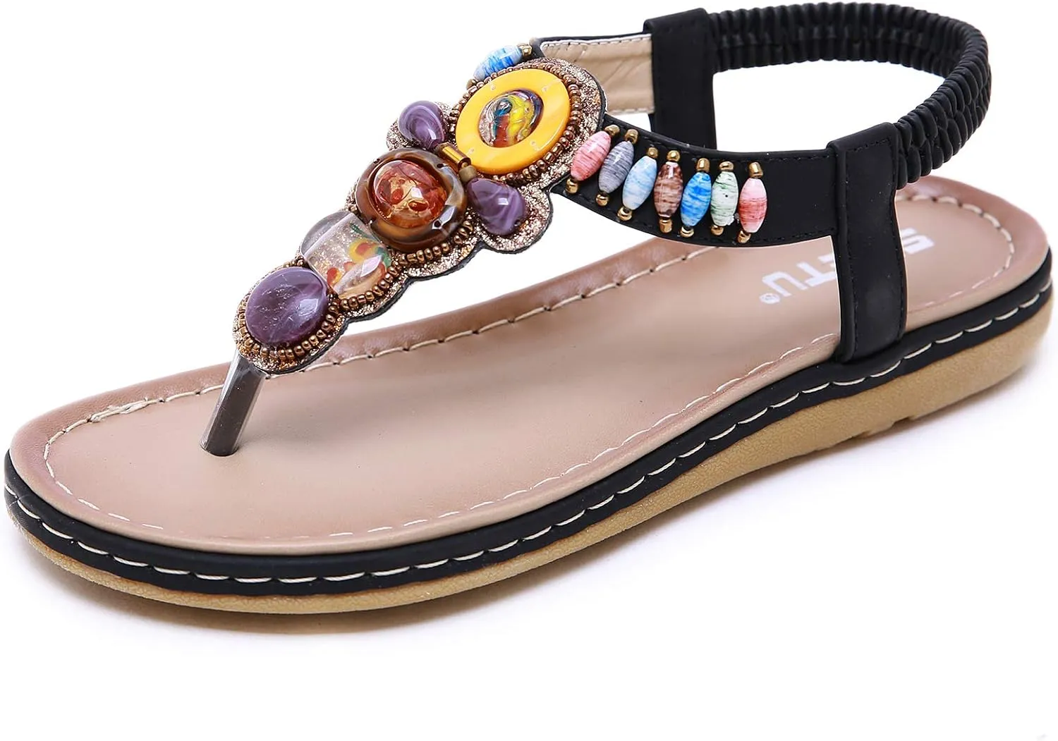 Women T-Strap Beaded Flower Gladiator Flat Dress Sandals Beach Shoes Bohemian Thong Sandal Elastic Back Strap Clip Toe Flats Sandals Summer Bohemian Rhinestone Slingback Beach Flip Flops Shoes