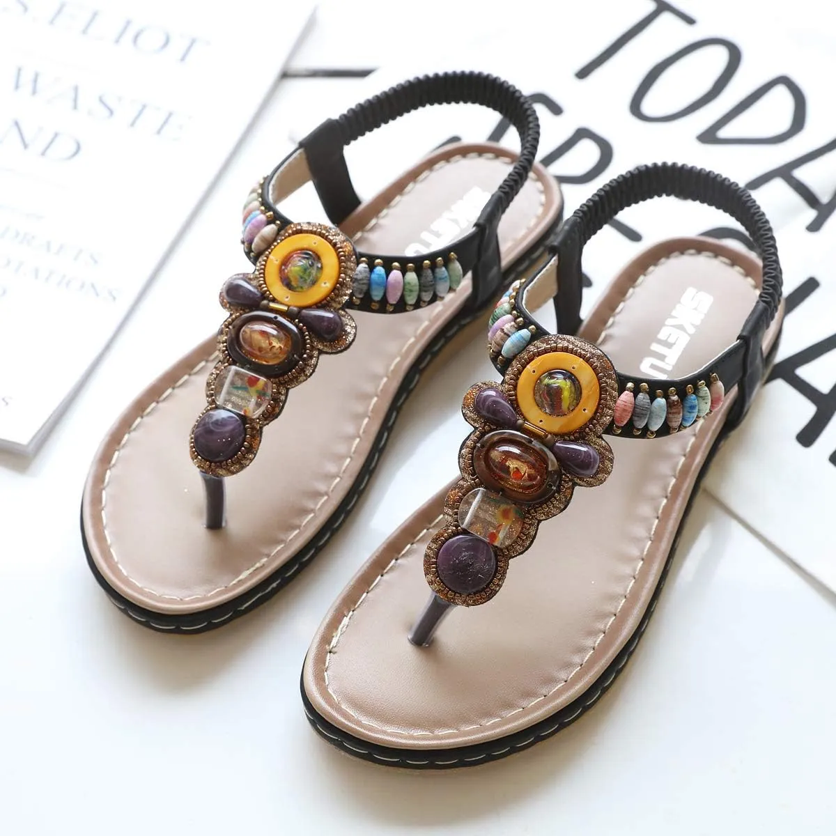 Women T-Strap Beaded Flower Gladiator Flat Dress Sandals Beach Shoes Bohemian Thong Sandal Elastic Back Strap Clip Toe Flats Sandals Summer Bohemian Rhinestone Slingback Beach Flip Flops Shoes