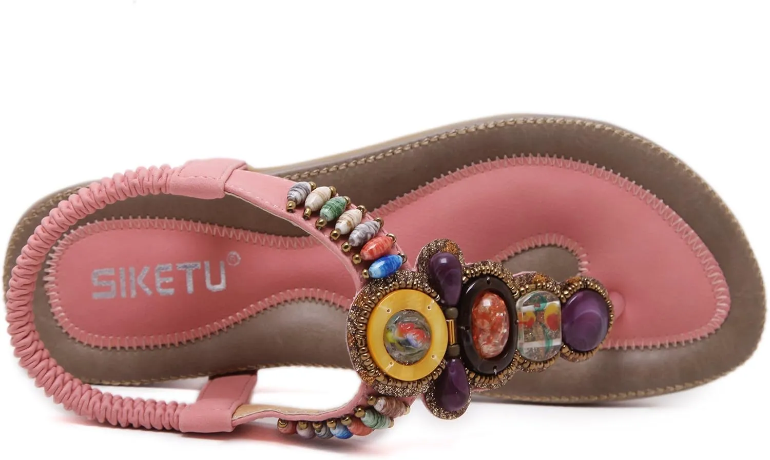 Women T-Strap Beaded Flower Gladiator Flat Dress Sandals Beach Shoes Bohemian Thong Sandal Elastic Back Strap Clip Toe Flats Sandals Summer Bohemian Rhinestone Slingback Beach Flip Flops Shoes