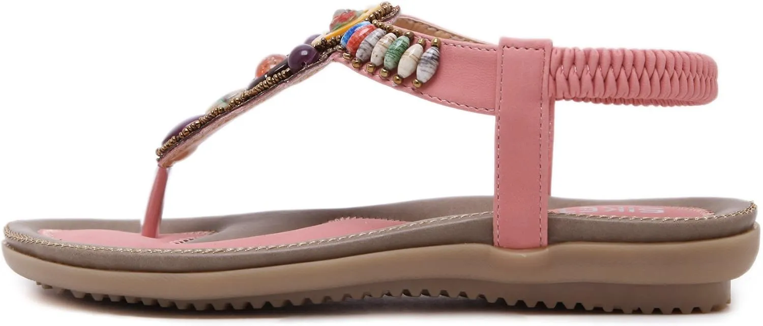 Women T-Strap Beaded Flower Gladiator Flat Dress Sandals Beach Shoes Bohemian Thong Sandal Elastic Back Strap Clip Toe Flats Sandals Summer Bohemian Rhinestone Slingback Beach Flip Flops Shoes