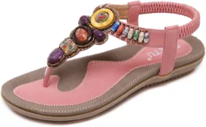 Women T-Strap Beaded Flower Gladiator Flat Dress Sandals Beach Shoes Bohemian Thong Sandal Elastic Back Strap Clip Toe Flats Sandals Summer Bohemian Rhinestone Slingback Beach Flip Flops Shoes
