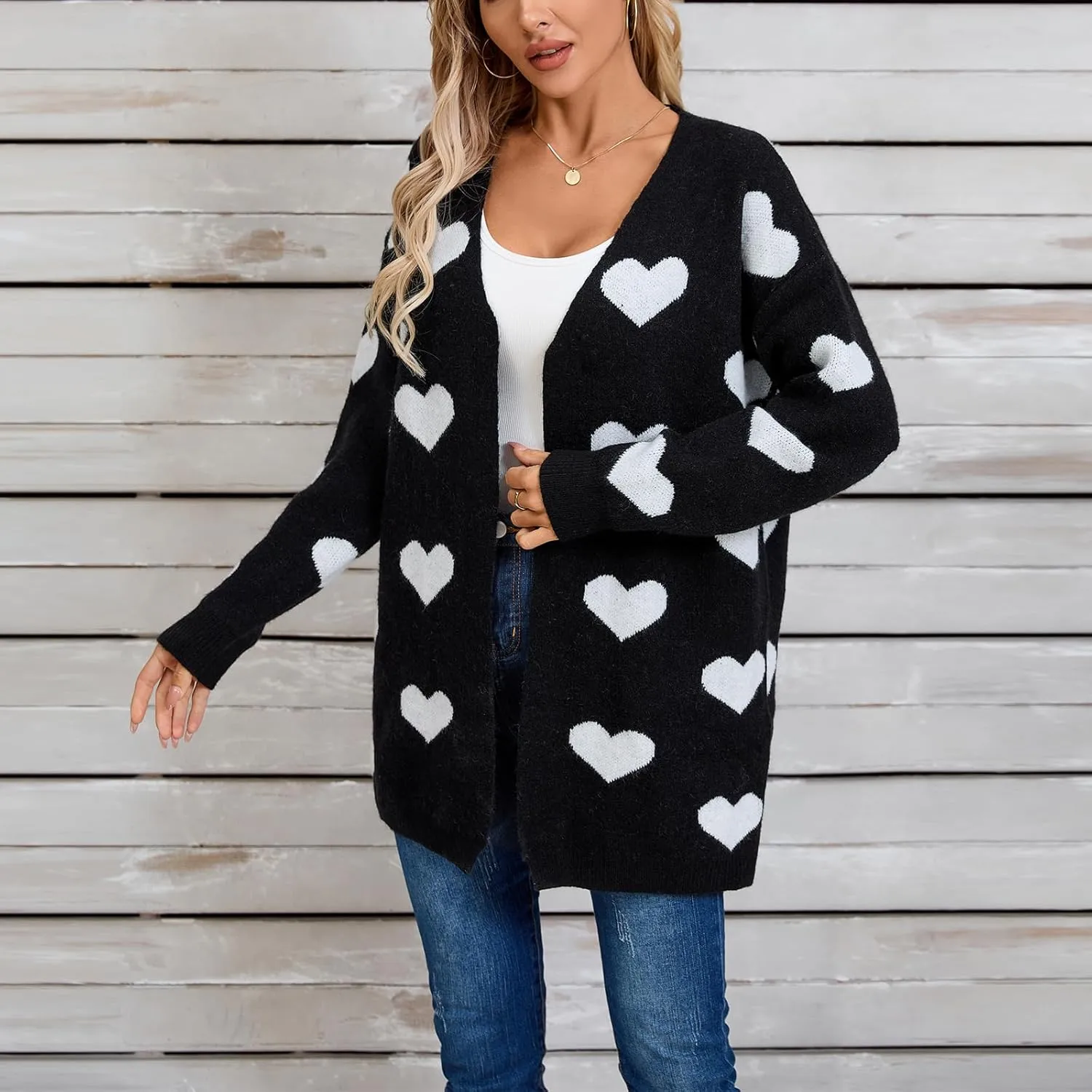 Women Valentine's Day Sweater Cardigan Romantic Heart Print Button Down Open Front Sweater Chunky Sweater Outwear