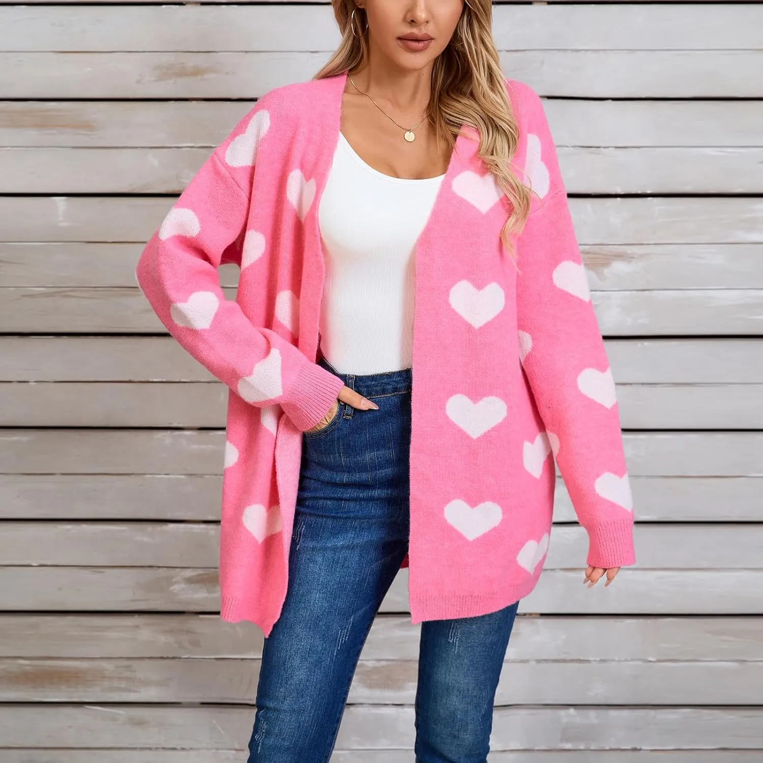 Women Valentine's Day Sweater Cardigan Romantic Heart Print Button Down Open Front Sweater Chunky Sweater Outwear