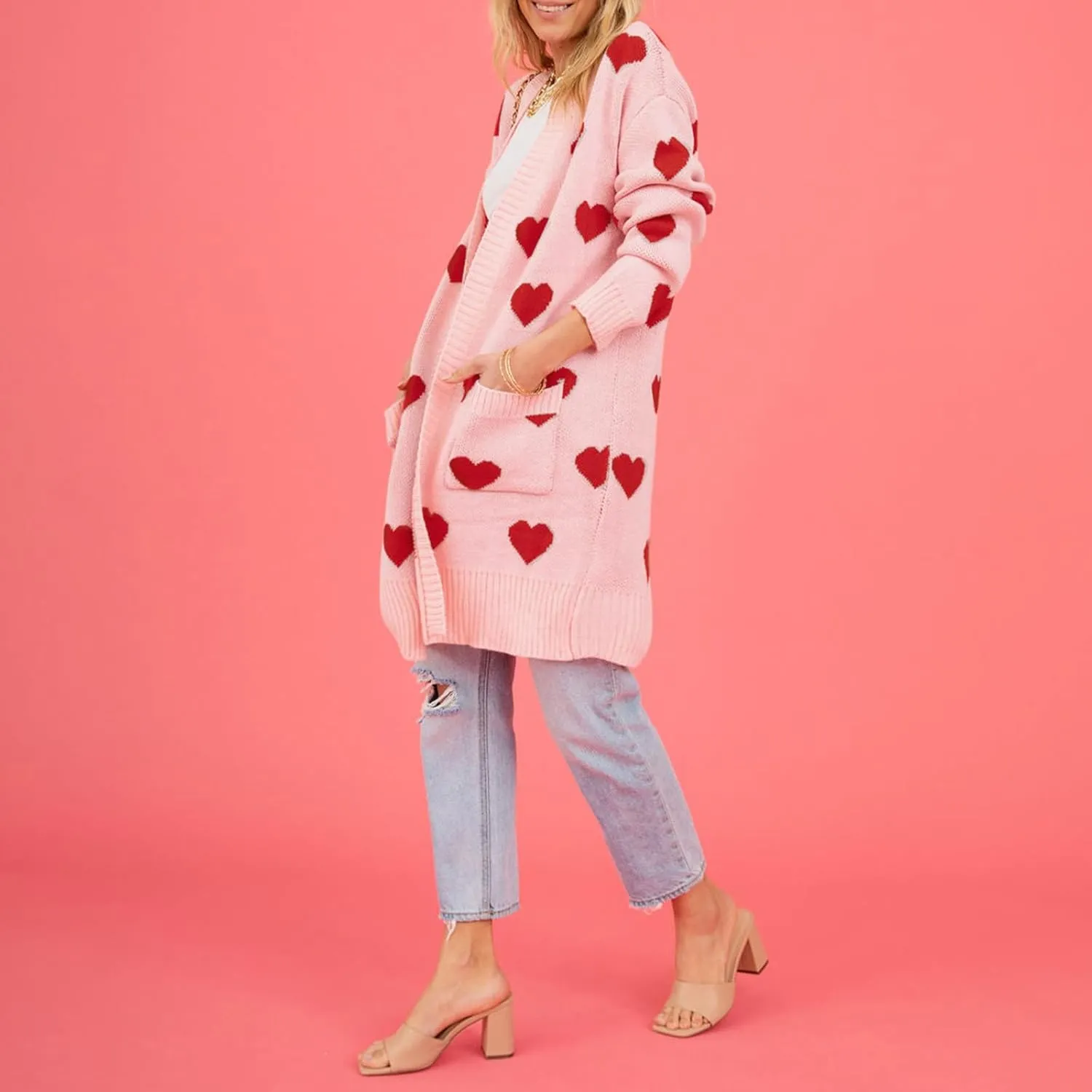 Women Valentine's Day Sweater Cardigan Romantic Heart Print Button Down Open Front Sweater Chunky Sweater Outwear