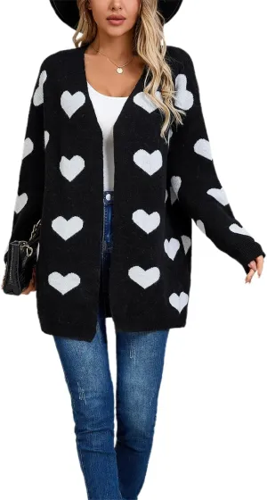 Women Valentine's Day Sweater Cardigan Romantic Heart Print Button Down Open Front Sweater Chunky Sweater Outwear