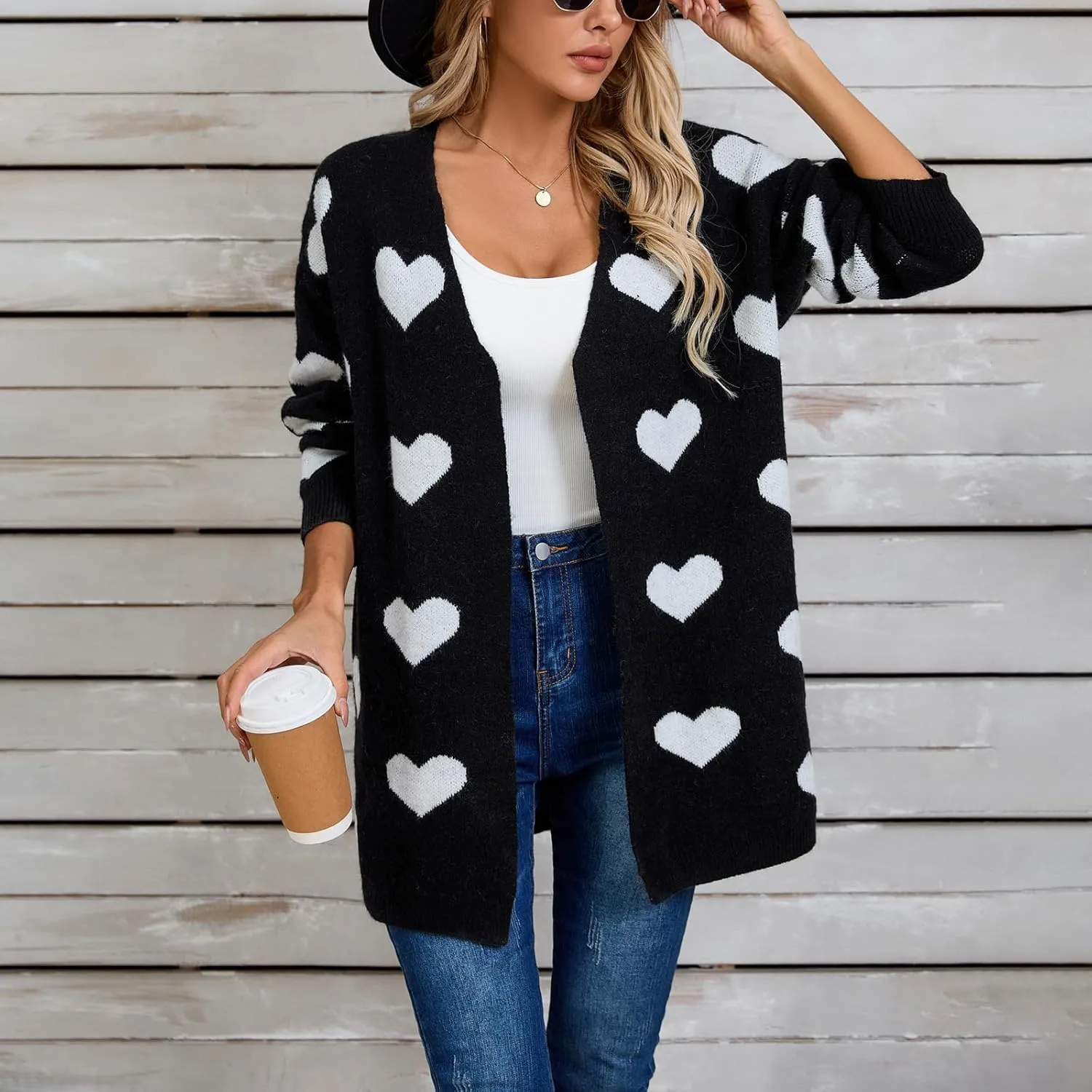 Women Valentine's Day Sweater Cardigan Romantic Heart Print Button Down Open Front Sweater Chunky Sweater Outwear
