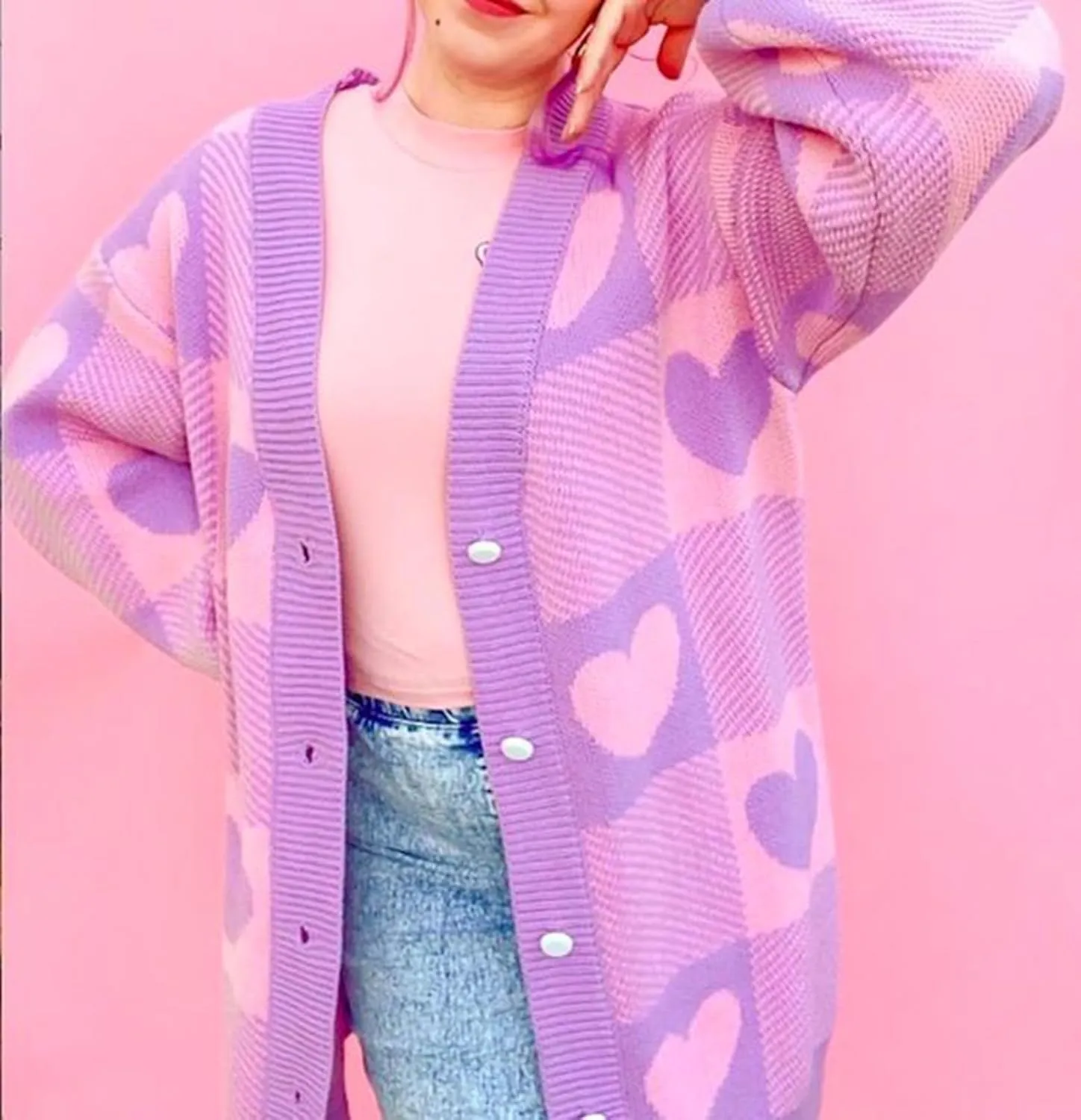 Women Valentine's Day Sweater Cardigan Romantic Heart Print Button Down Open Front Sweater Chunky Sweater Outwear