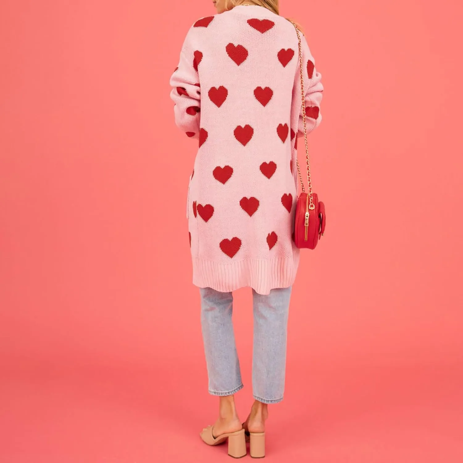 Women Valentine's Day Sweater Cardigan Romantic Heart Print Button Down Open Front Sweater Chunky Sweater Outwear