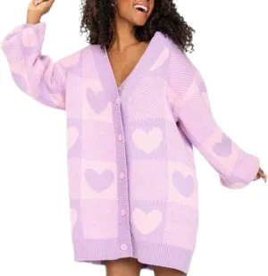 Women Valentine's Day Sweater Cardigan Romantic Heart Print Button Down Open Front Sweater Chunky Sweater Outwear